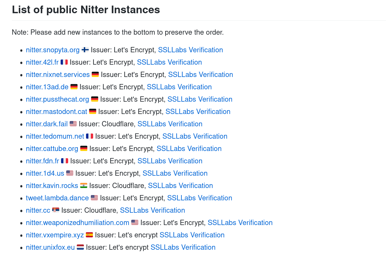 Nitter instances list – Trade-Free Directory